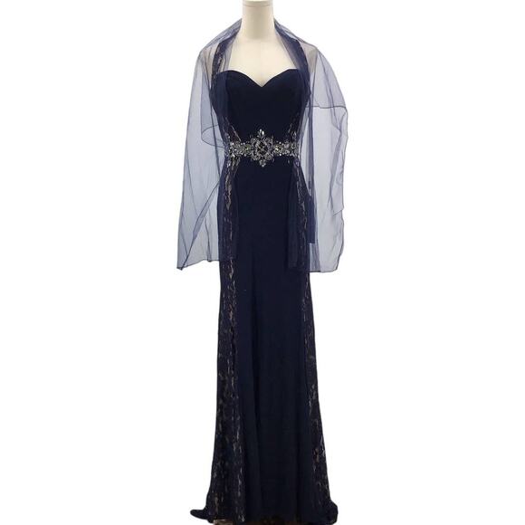 ASPEED SZ m navy lace beaded halter sweetheart neck maxi gown dress NWT B163 - Picture 4 of 10